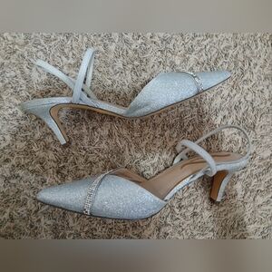 Nina Silver Glitter Pointed Slingback Heels with Rhinestone Accent